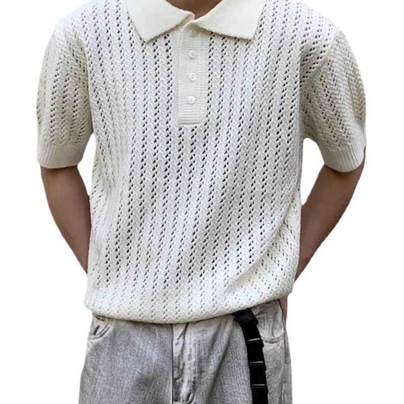 Polos | Striped Sweater Polo Shirt  –  Mens Clothing Frosty Cream