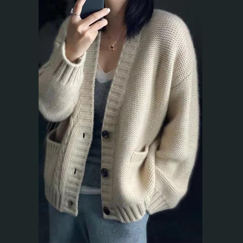 Sweaters & Cardigans | Relaxed V-Neck Button-Up Cardigan  –  Womens Clothing Beige